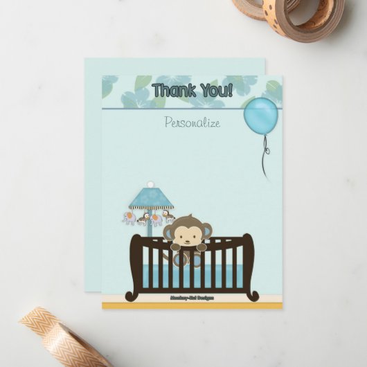 Monkey Baby shower FLAT#1 Dank u BLAUW Notitiekaartje (Voorkant / Achterkant in situ)