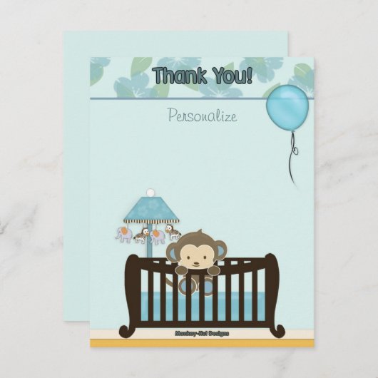 Monkey Baby shower FLAT#1 Dank u BLAUW Notitiekaartje (Voorkant / Achterkant)