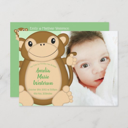 Monkey Baby shower Green Briefkaart (Voorkant / Achterkant)