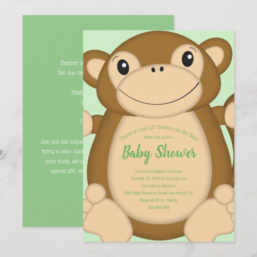 Monkey Baby shower Green Kaart (Voorkant / Achterkant)