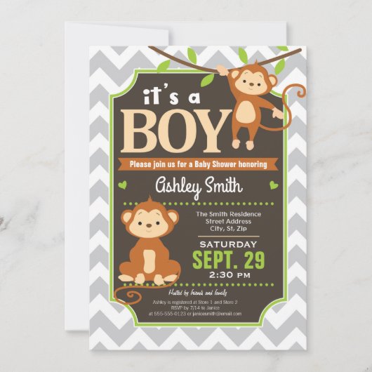 Monkey Baby shower Invitation Boy Kaart (Voorkant)