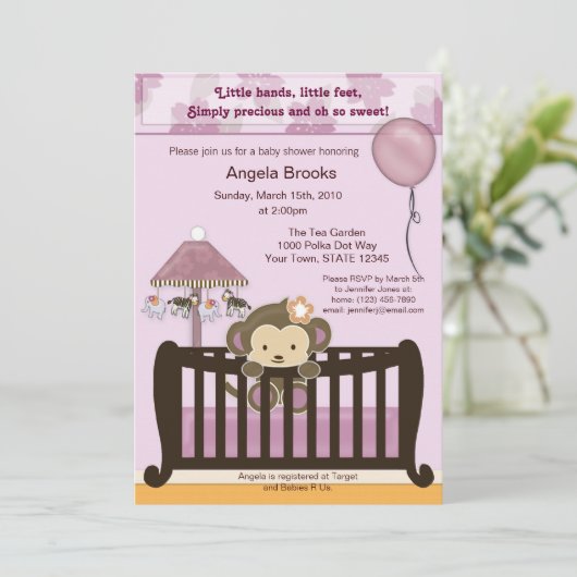 Monkey Baby shower Invitation CJ ORCHID Kaart (Staand voorkant)