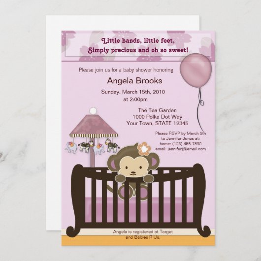Monkey Baby shower Invitation CJ ORCHID Kaart (Voorkant / Achterkant)