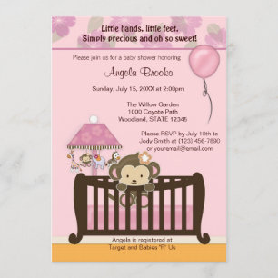 Monkey Baby shower Invitation CJ PINK Kaart