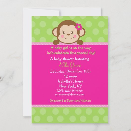 Monkey Baby Shower Invitation Girl Kaart (Voorkant)