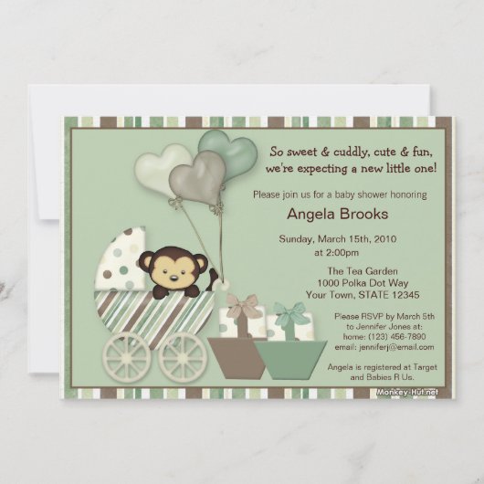 Monkey Baby shower Invitation GREEN Carriage MPP Kaart (Voorkant)