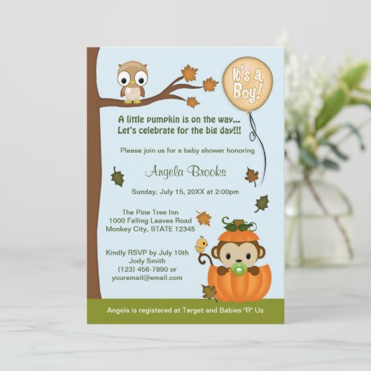 MONKEY Baby shower Invitation Herfst Pumpkin BOY Kaart (Staand voorkant)