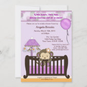 Monkey Baby shower Invitation Lavender CJL Kaart (Voorkant)