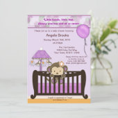 Monkey Baby shower Invitation Lavender CJL Kaart (Staand voorkant)