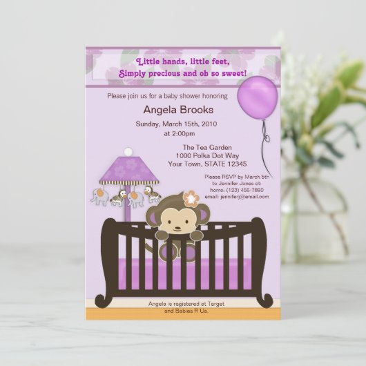 Monkey Baby shower Invitation Lavender CJL Kaart (Staand voorkant)