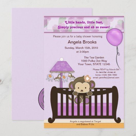 Monkey Baby shower Invitation Lavender CJL Kaart (Voorkant / Achterkant)