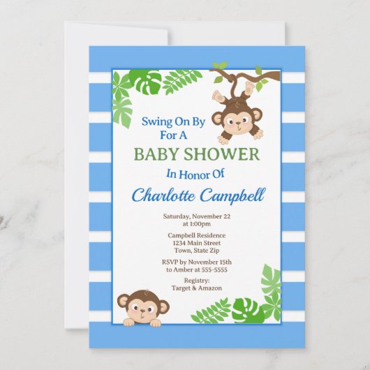 Monkey Baby shower Invitation, Monkey Boy Invitati Kaart (Voorkant)