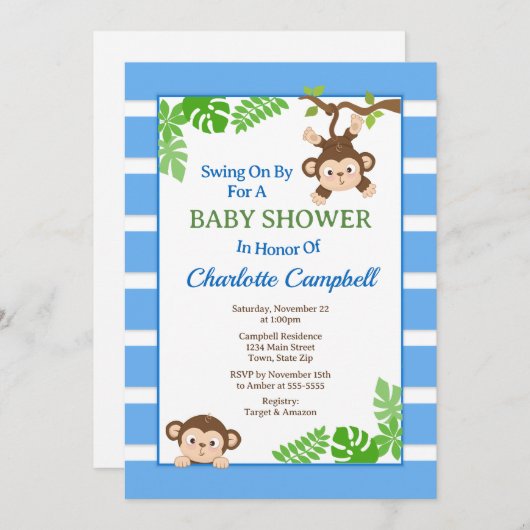 Monkey Baby shower Invitation, Monkey Boy Invitati Kaart (Voorkant / Achterkant)