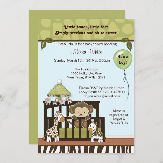 Monkey Baby shower Invitation oerwoud safari CA-B Kaart (Voorkant / Achterkant)