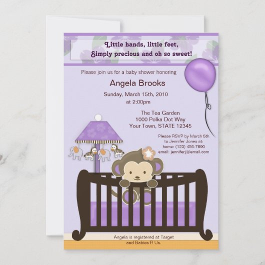 Monkey Baby shower Invitation Paars Kaart (Voorkant)