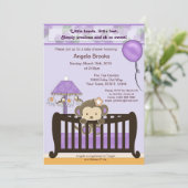 Monkey Baby shower Invitation Paars Kaart (Staand voorkant)