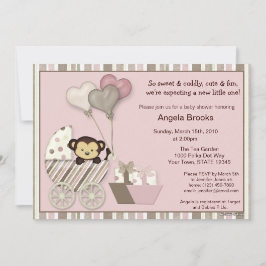 Monkey Baby shower Invitation PINK Kaart (Voorkant)