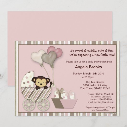 Monkey Baby shower Invitation PINK Kaart (Voorkant / Achterkant)