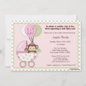 Monkey Baby shower Invitation roze green polka dot Kaart (Voorkant)