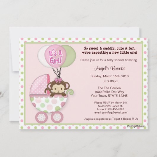 Monkey Baby shower Invitation roze green polka dot Kaart (Voorkant)