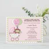 Monkey Baby shower Invitation roze green polka dot Kaart (Staand voorkant)
