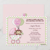 Monkey Baby shower Invitation roze green polka dot Kaart (Voorkant / Achterkant)
