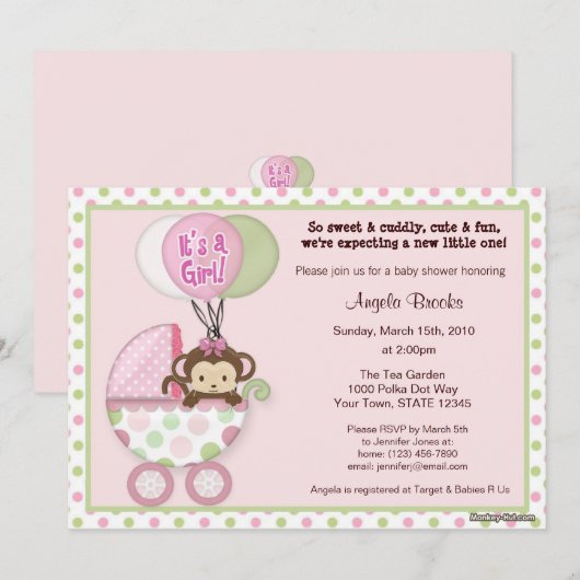 Monkey Baby shower Invitation roze green polka dot Kaart (Voorkant / Achterkant)