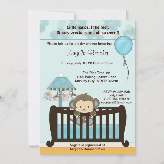 MONKEY Baby shower Invitation Wieg CJ-BLUE boy Kaart (Voorkant)
