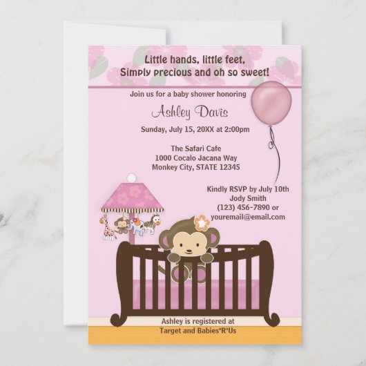 MONKEY Baby shower Invitation Wieg ORCHID CJ-O Kaart (Voorkant)