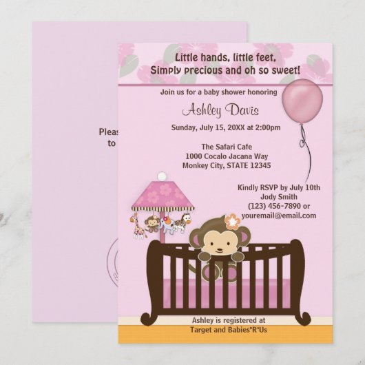 MONKEY Baby shower Invitation Wieg ORCHID CJ-O Kaart (Voorkant / Achterkant)