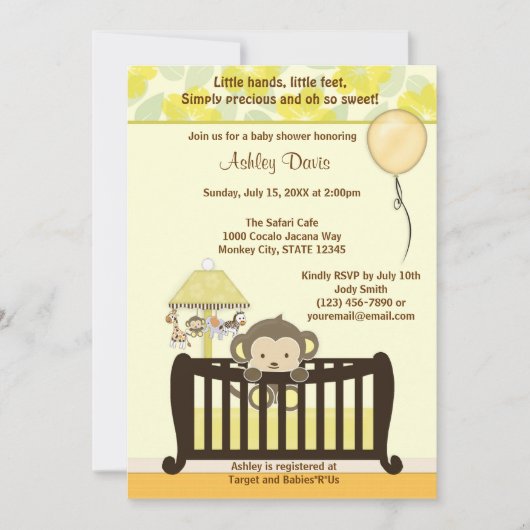 Monkey Baby shower Invitation Wieg YELLOW CJ-Y Kaart (Voorkant)