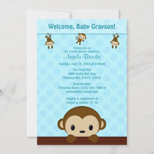 MONKEY Baby shower nodigt Polka Dot BLUE MPP3 Kaart (Voorkant)