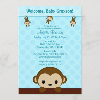 MONKEY Baby shower nodigt Polka Dot BLUE MPP3 Kaart