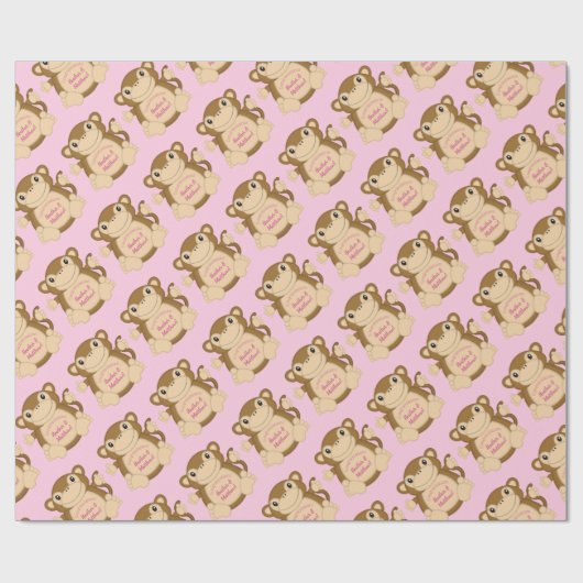 Monkey Baby shower Roze Cadeaupapier (Vlak)