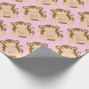 Monkey Baby shower Roze Cadeaupapier