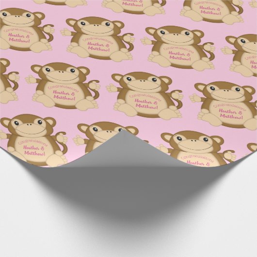 Monkey Baby shower Roze Cadeaupapier (Hoek)