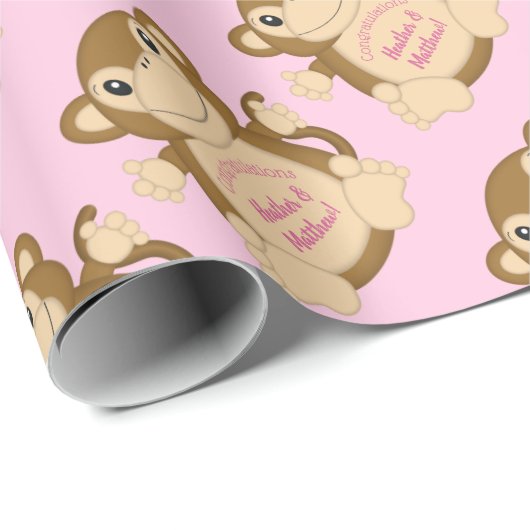 Monkey Baby shower Roze Cadeaupapier (Rol Hoek)