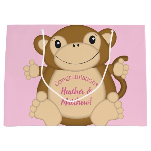 Monkey Baby shower Roze Groot Cadeauzakje (Voorkant)