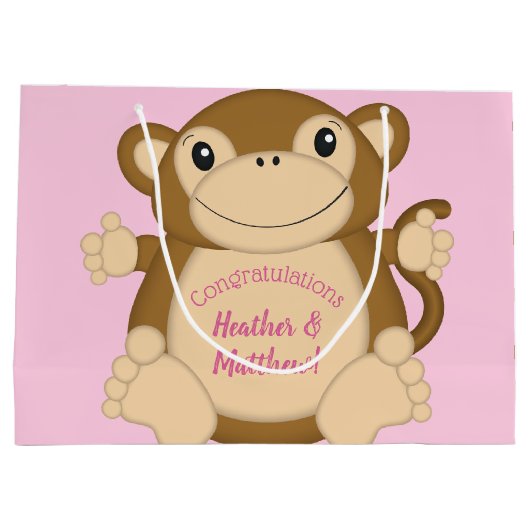 Monkey Baby shower Roze Groot Cadeauzakje (Achterkant)