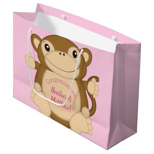 Monkey Baby shower Roze Groot Cadeauzakje (Voorkant Gekanteld)