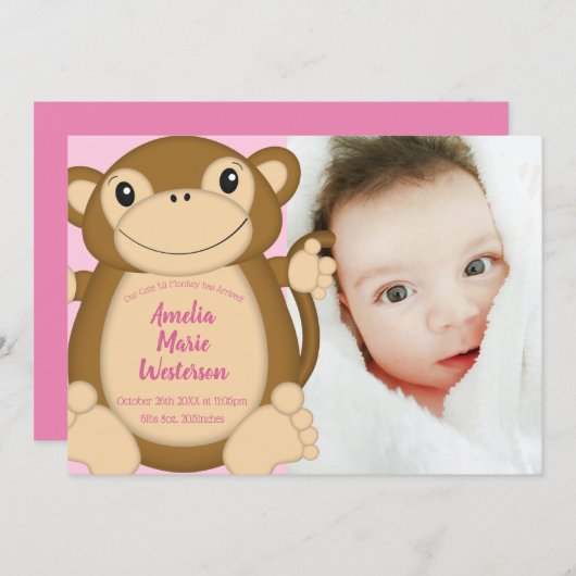 Monkey Baby shower Roze Kaart (Voorkant / Achterkant)