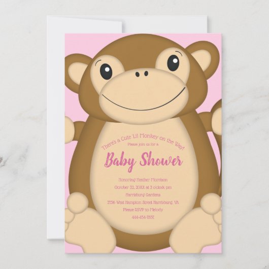 Monkey Baby shower Roze Kaart (Voorkant)