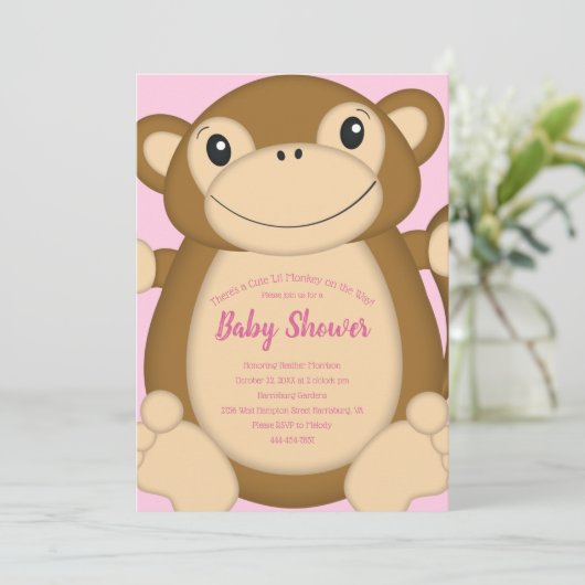 Monkey Baby shower Roze Kaart (Staand voorkant)