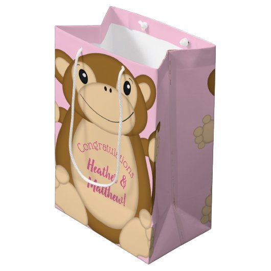 Monkey Baby shower Roze Medium Cadeauzakje (Voorkant Gekanteld)