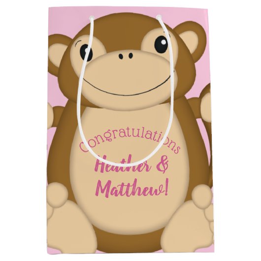 Monkey Baby shower Roze Medium Cadeauzakje (Voorkant)