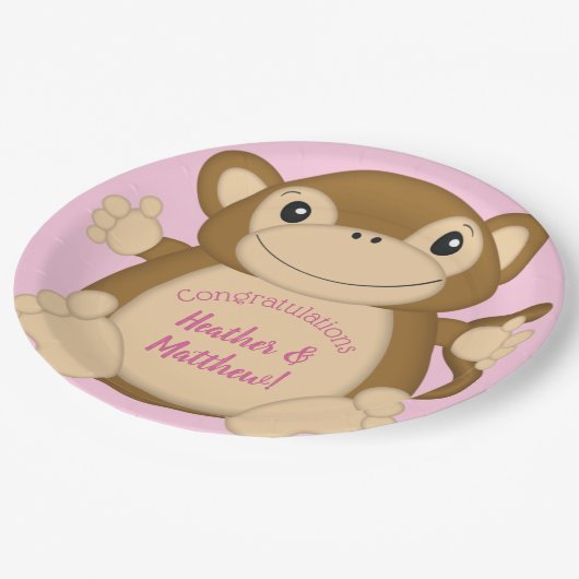 Monkey Baby shower Roze Papieren Bordje (Gekanteld)