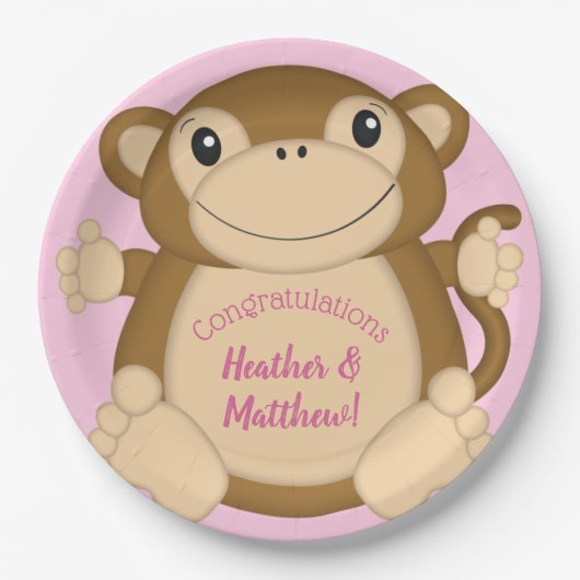 Monkey Baby shower Roze Papieren Bordje (Voorkant)