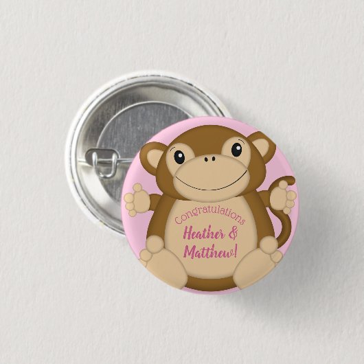 Monkey Baby shower Roze Ronde Button 3,2 Cm (Voorkant /achterkant)
