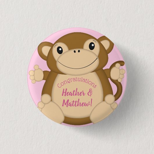Monkey Baby shower Roze Ronde Button 3,2 Cm (Voorkant)