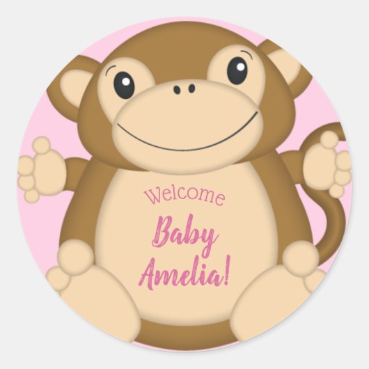 Monkey Baby shower Roze Ronde Sticker (Voorkant)